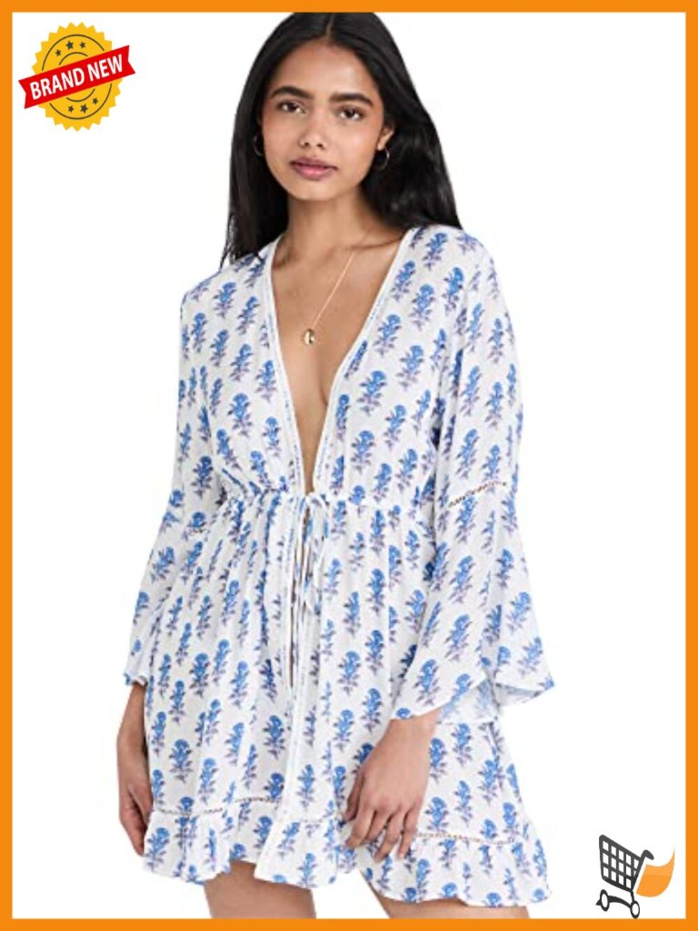 Women's Mini Border Print Kimono Coverup Dress Floral Lace Trim Viscose